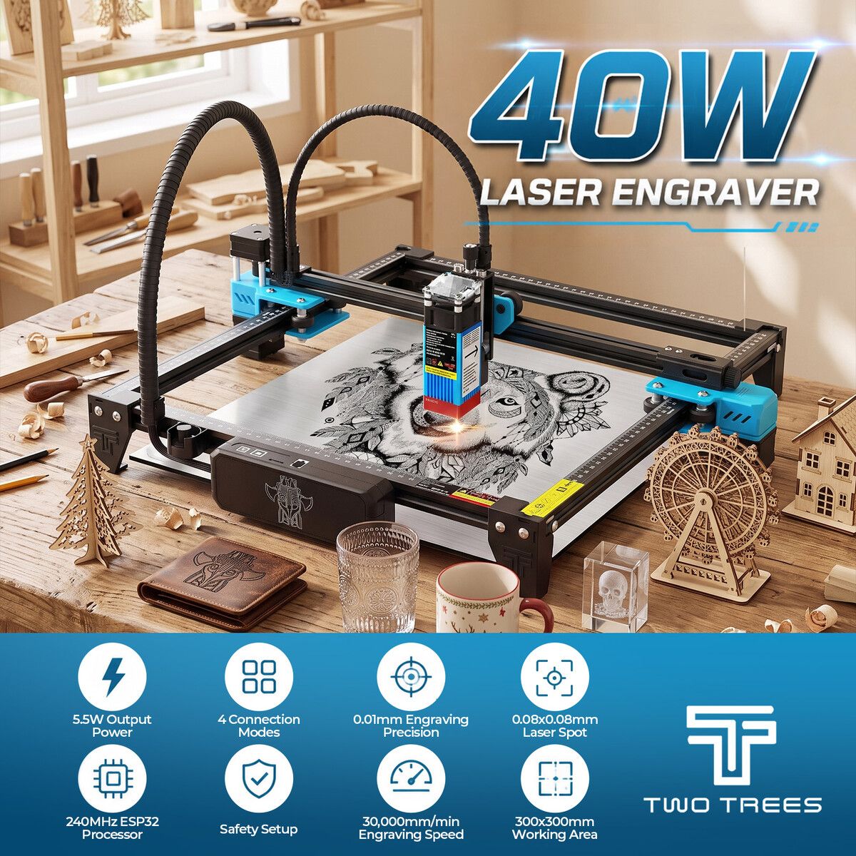 Laser Engraver Cutter Engraving Cutting Machine 5.5W Wood Acrylic Paper Leather Etcher Marking Etching Tool High Precision Portable Desktop DIY Craft
