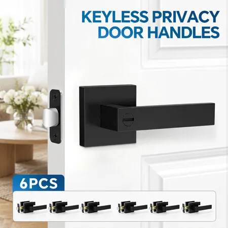 Privacy Door Handles 6 Pack Keyless Matte Black Interior Bedroom Bathroom Lever Lockset Heavy Duty Reversible Modern Square Zinc Alloy Door Hardware Sets