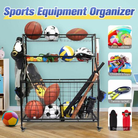 All-in-One Ball Storage Rack Metal Sports Equipment Organiser Garage Gym Basketball Holder Toys Cart Baseball Bat Yoga Mat Dumbbell with Wheels Hooks