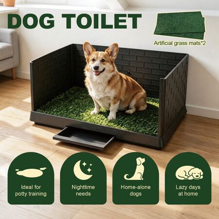 Dog Potty Training Tray Portable Large Puppy Toilet Indoor Outdoor Pet Loo Pee Pad 2 Artificial Grass Mat Baffle Splash Guard Drainage Drawer 75x50cm