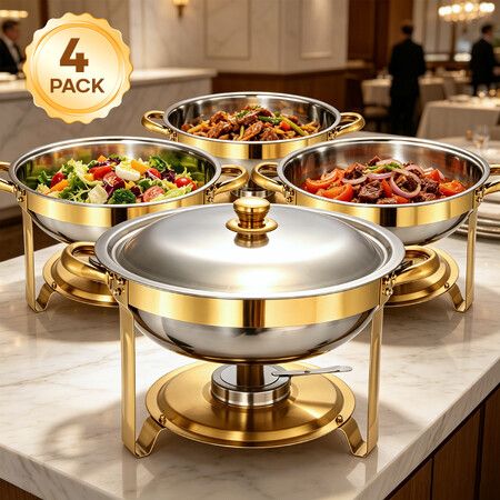4PCS 4L Chafing Dish Set Round Buffet Food Warmers Stainless Steel Catering Chafers with Lids and Fuel Holders Wedding Party Banquet Dinner Commercial