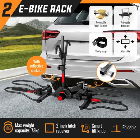 2 Ebike Rack Tow Hitch Electric Bicycle Carrier Platform Rear Mount Foldable Car SUV 4WD Ute Steel 2-Inch Receiver 73kg MTB Bike Storage Locking Stand