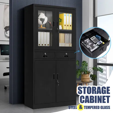 185cm Steel File Cabinet Lockable Office Filing Storage Cupboard Stationery Locker 2 Drawers 4 Shelves Tempered Glass Doors Metal Garage Organiser