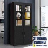 Steel Filing Cabinet Lockable Office Storage Cupboard 5 Tier Metal Locker File Folder Shelves Garage Organiser with Tempered Glass Doors 185x90x40cm