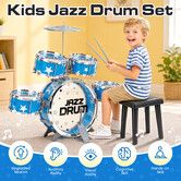 Kids Jazz Drum Set Toddlers Musical Educational Instrument Toy Kit with Drumsticks Stool Preschool Childrens Percussion Learning Playset Birthday Gift
