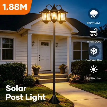 188cm Solar LED Light Post Outdoor Garden Street Security Pole Lamp Driveway Pathway Patio Yard Energy Powered Pillar Lantern Three Lights Aluminium