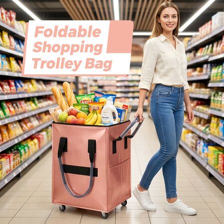 Rolling Grocery Cart Foldable Shopping Trolley Bag Collapsible Reusable Utility Tote With 4 Castor Wheels Zipper Lid Heavy Duty Space Saving Travel Pink