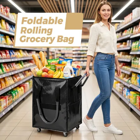 Rolling Grocery Cart Foldable Shopping Trolley Bag Collapsible Reusable Utility Tote With 4 Castor Wheels Zipper Lid Heavy Duty Space Saving Travel Black