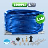 15m Sewer Jetter Kit High Pressure Washer Blaster Hose Drain Cleaner 5800PSI Pipe Unblocker 1/4 Inch NPT Button Corner Jetting Cleaning Rotating Nozzle