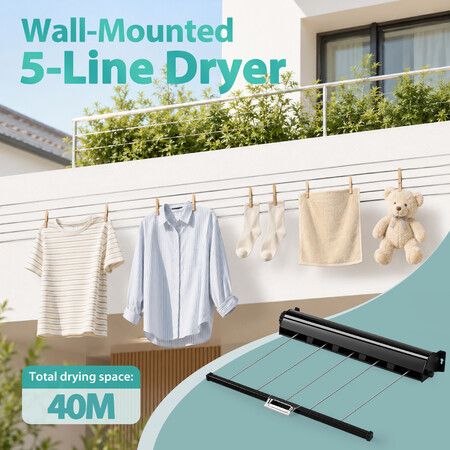 5 Line Retractable Clothesline 40m Wall Mounted Washing Clothes Dryer Airer Rack Outdoor Wet Dry Laundry Garment Pull Out Air Drying Galvanised Steel