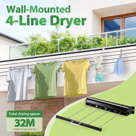 4 Line Retractable Clothesline 32m Wall Mounted Washing Clothes Dryer Airer Rack Outdoor Wet Dry Laundry Garment Pull Out Air Drying Galvanised Steel