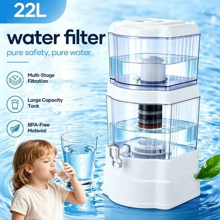 22L Benchtop Gravity Water Filter Mineral Purifier System 8-Stage Filtration Countertop Dispenser Ceramic Activated Carbon Cartridge for Home Office
