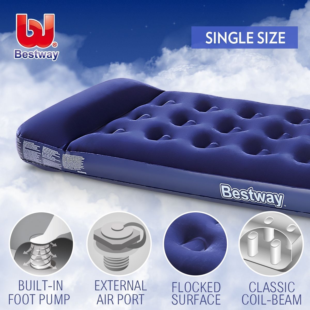 Bestway Single Inflatable Mattress Built-in Pillow Foot Pump