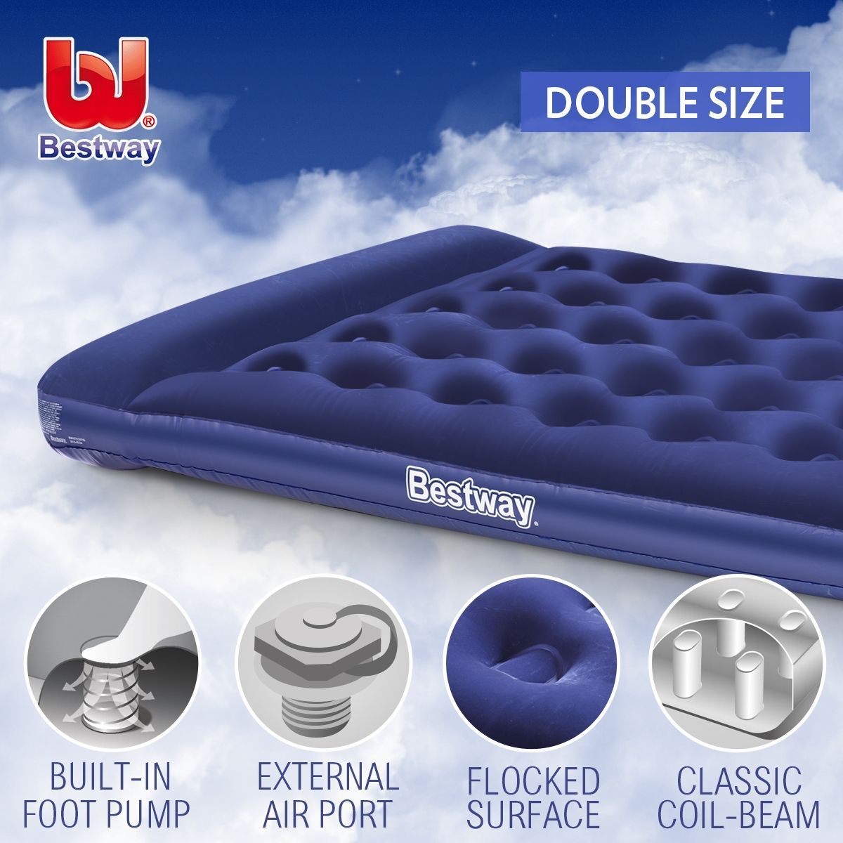Bestway Double Inflatable Mattress Built-in Pillow Foot Pump