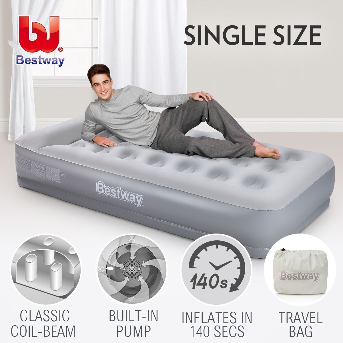 Bestway Single Inflatable Flocked Mattress Built-in Pillow & Pump
