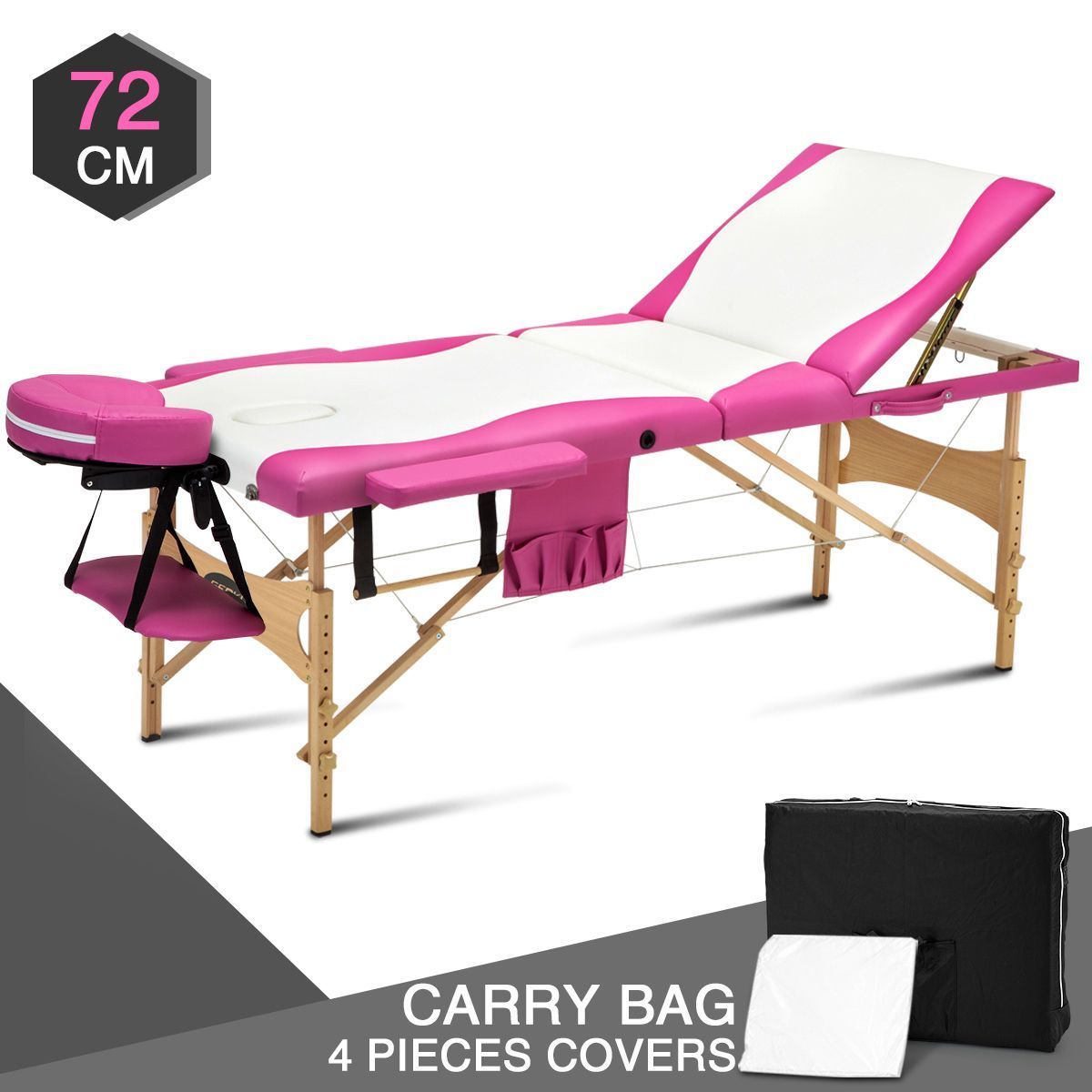 White and Pink 3 Fold Wooden Massage and Beauty Therapy Bed