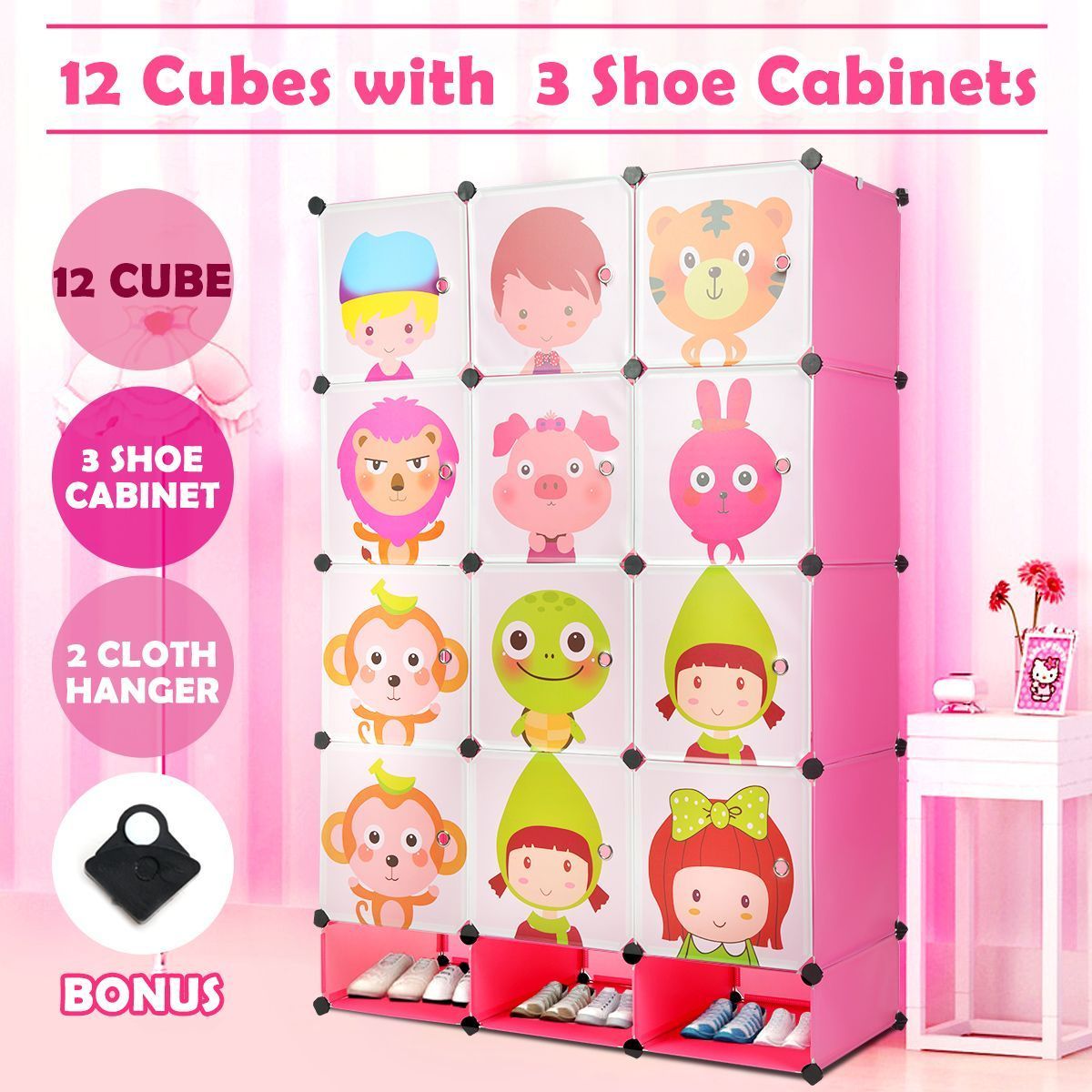 Kids DIY 12 Cubes Storage W/ 3 Shoes Rack Bedroom Cabinet Closet Origanizer-Pink