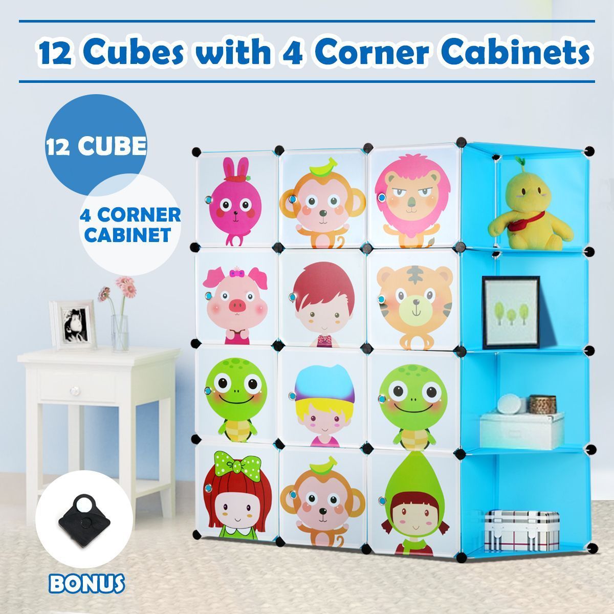 Tupper Cabinet 12 Cubes Kids DIY Storage W/ Corner Cabinet Toys Book shelf - Blue