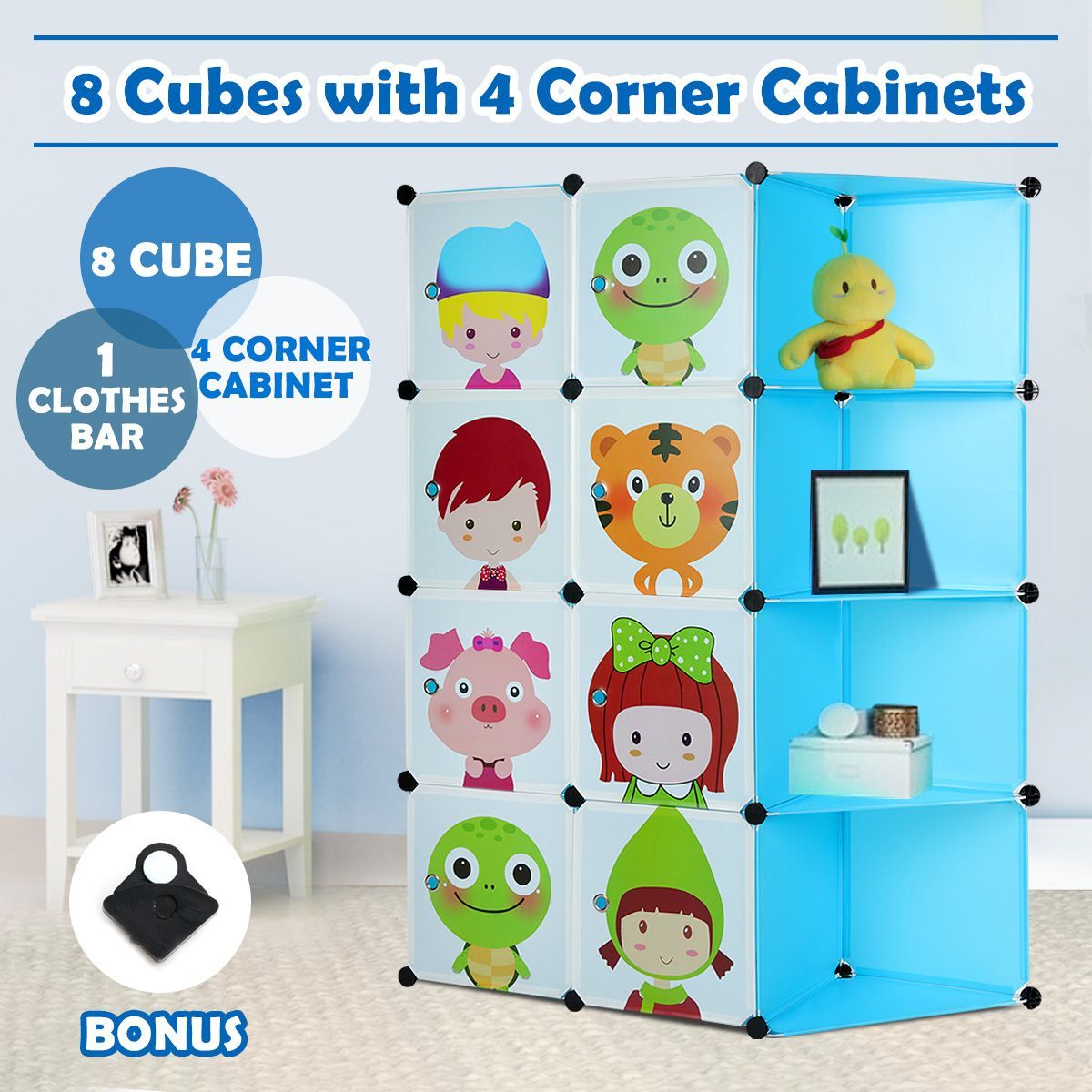 Tupper Cabinet Kids DIY 8 Cubes Storage with Corner Cabinet Closet Organizer -Blue