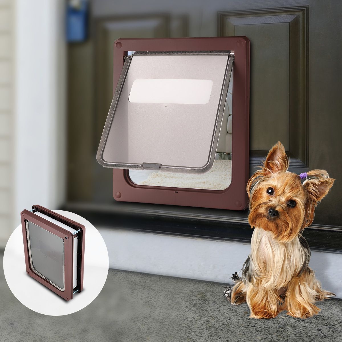 Large 2 Way Lockable Pet Dog Cat Brushy Flap Door-Coffee