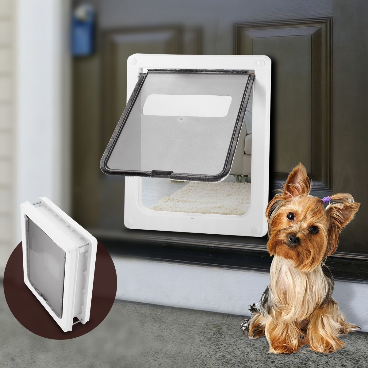 Large 2 Way Lockable Pet Dog Cat Brushy Flap Door-White