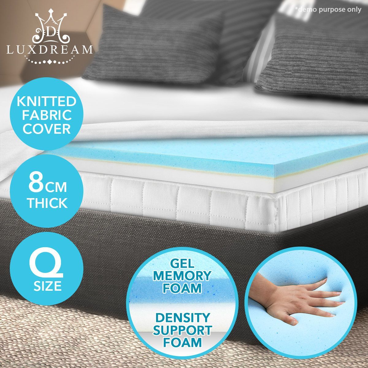 Cool Gel Memory Foam Mattress Topper underlay Cover 8 CM Queen