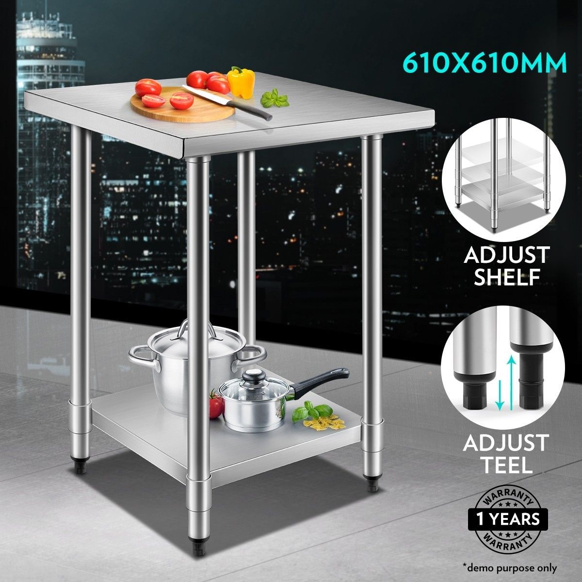 Kitchen Food Prep Table Cater Work Bench Stainless Steel W/Adjustable Feet 610mmx610mm
