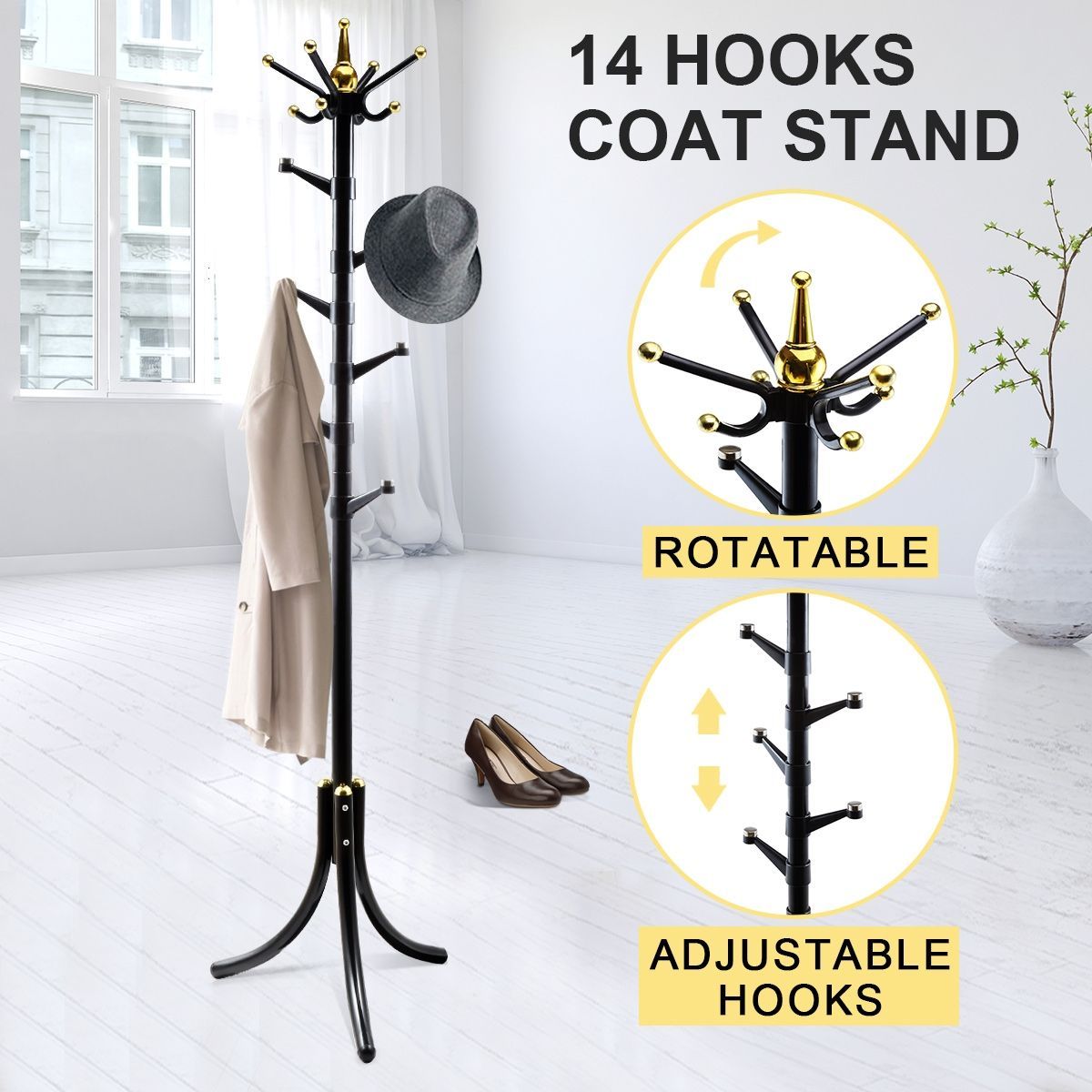 14 Hooks Tree Style Metal Coat Rack for Hats, Bags, Clothes - Black