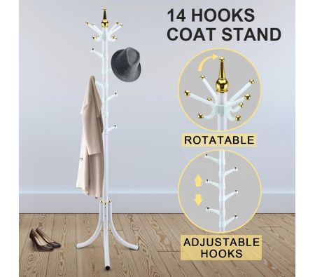 14 Hooks Tree Style Metal Coat Rack for Hats, Bags, Clothes - White