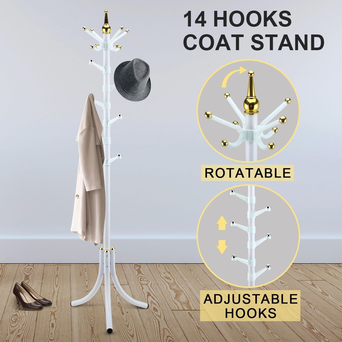 14 Hooks Tree Style Metal Coat Rack for Hats, Bags, Clothes - White