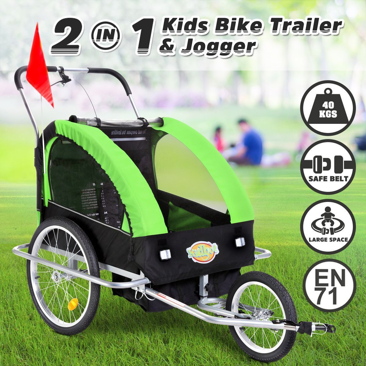Kidbot 2 IN 1 Bicycle Trailer Pram Stroller Jogger-Green