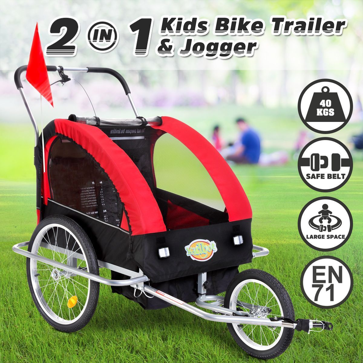 Kidbot 2 IN 1 Bicycle Trailer Pram Stroller Jogger- Red+Black