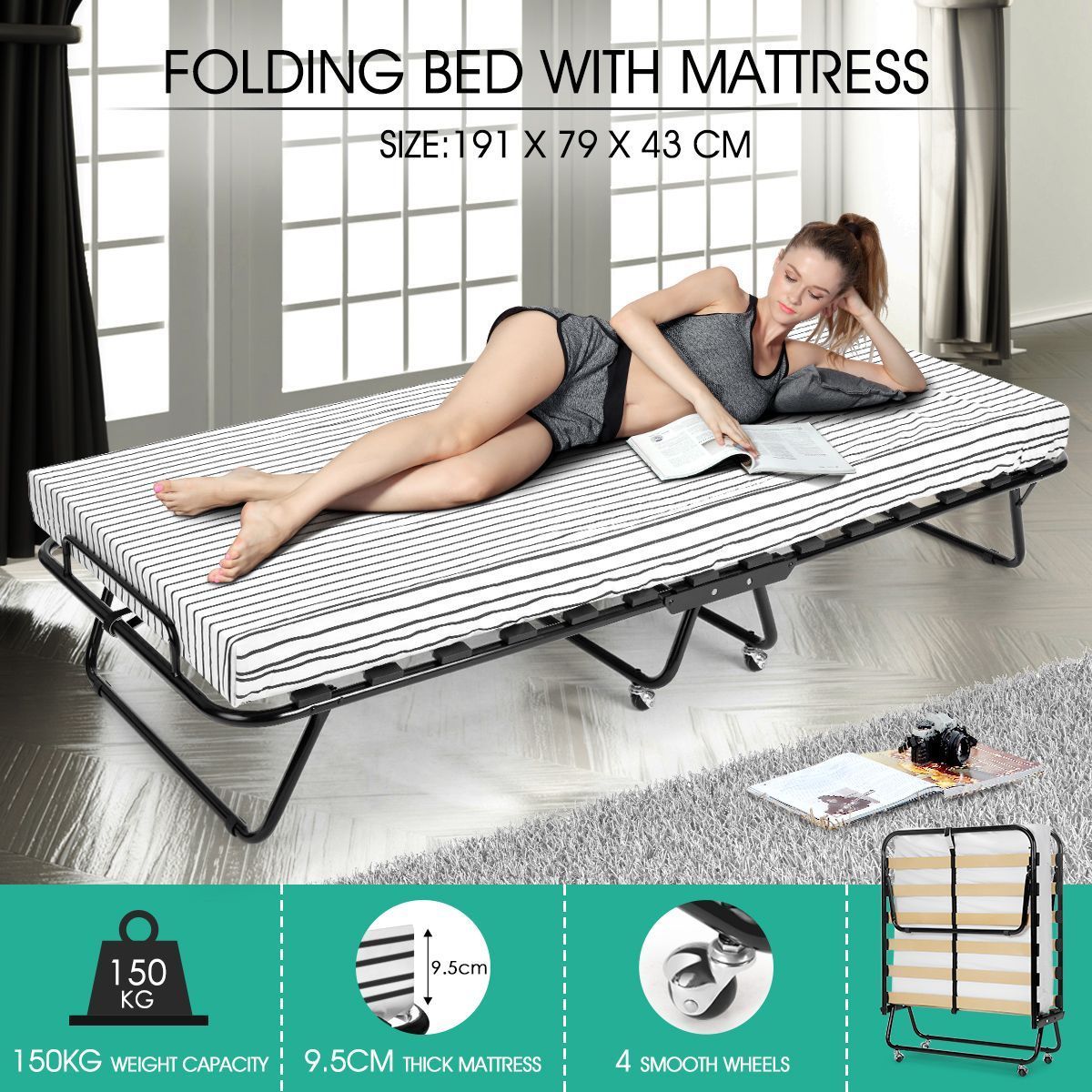 Portable Folding Camping Bed with Stripe Mattress Indoor/Outdoor -Single