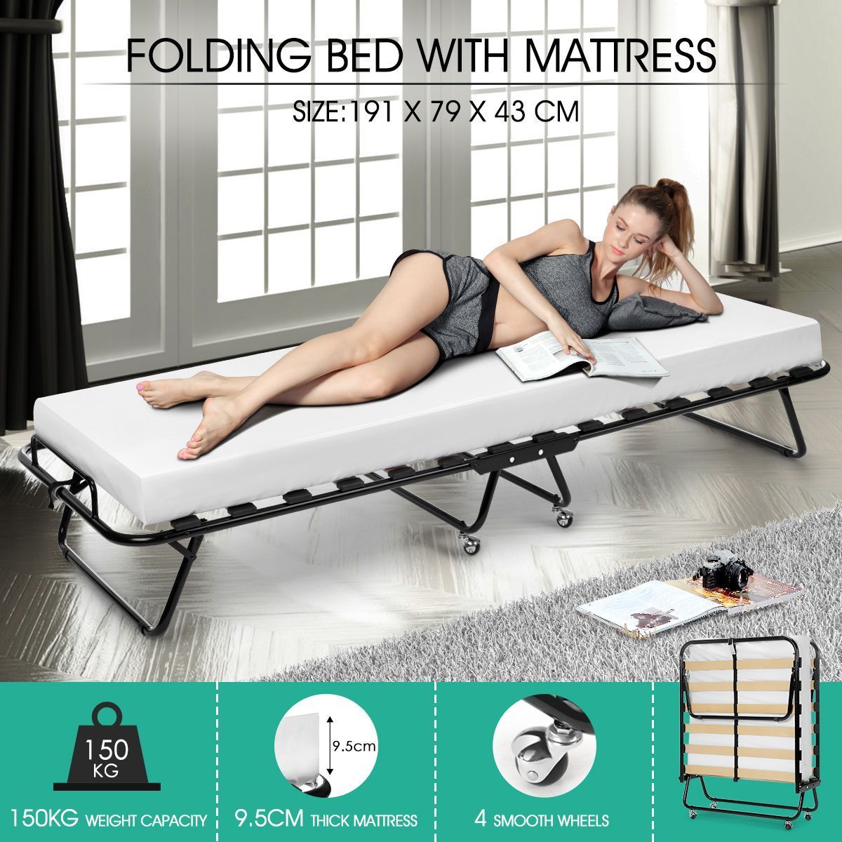 Portable Folding Camping Bed with White Mattress Indoor/Outdoor -Single