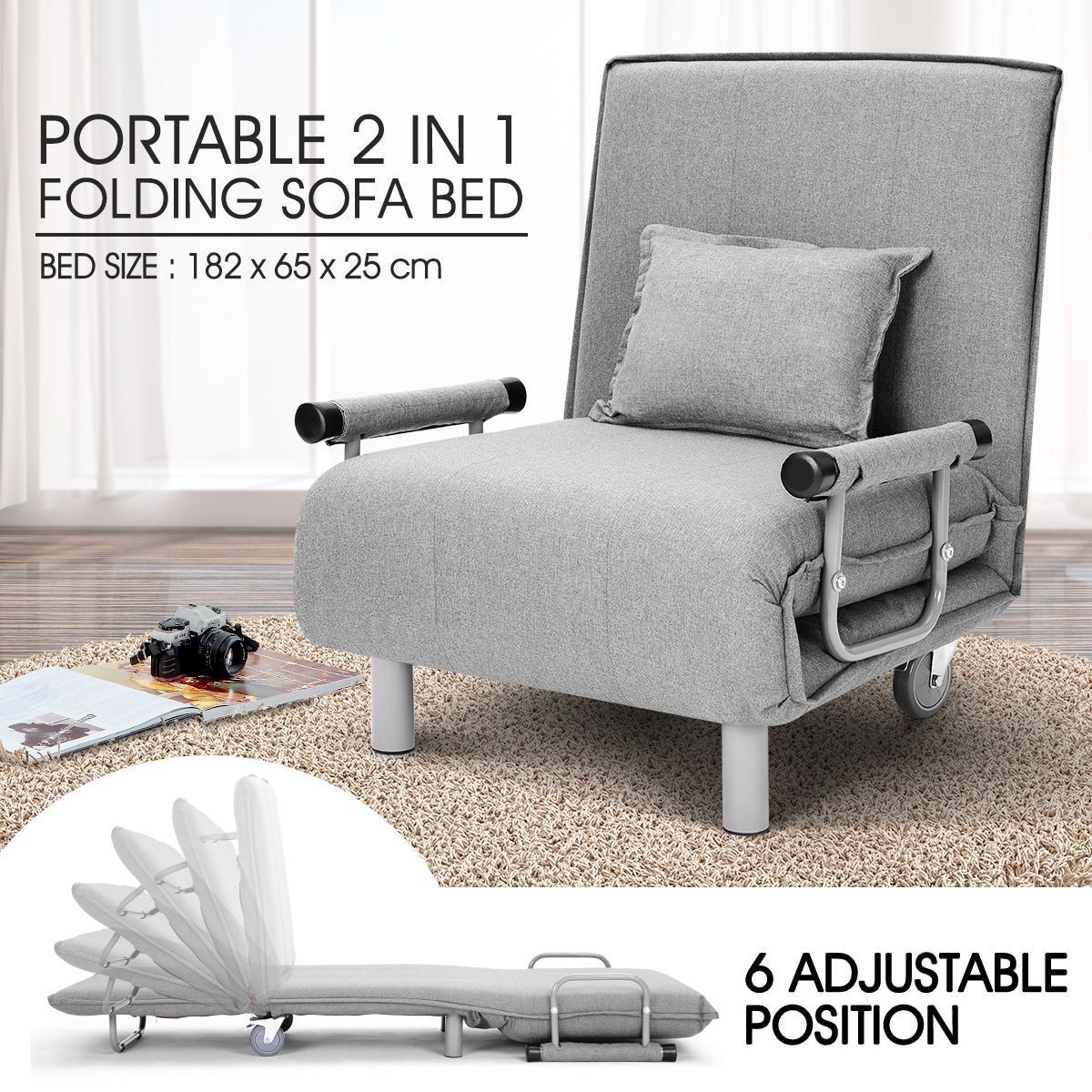 Portable Folding Rollaway Bed/Chair with Mattress-Single-Grey