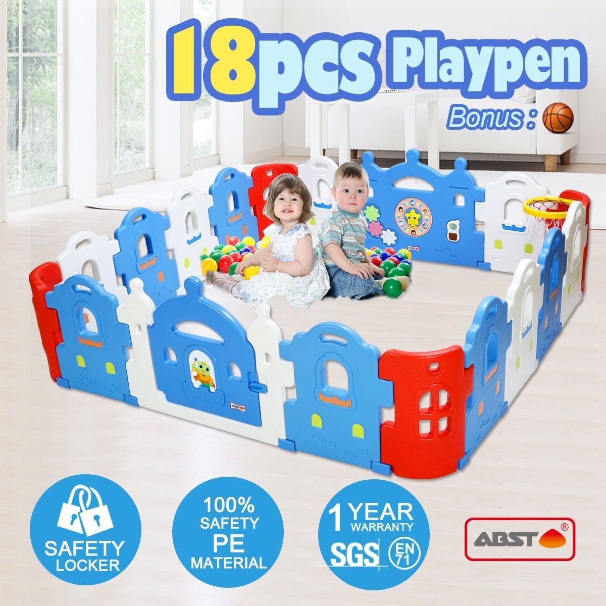 ABST 18-Sided Kids Play Pen Colorful Castle-shaped Baby Playpen with Game Panel & Basketball Set