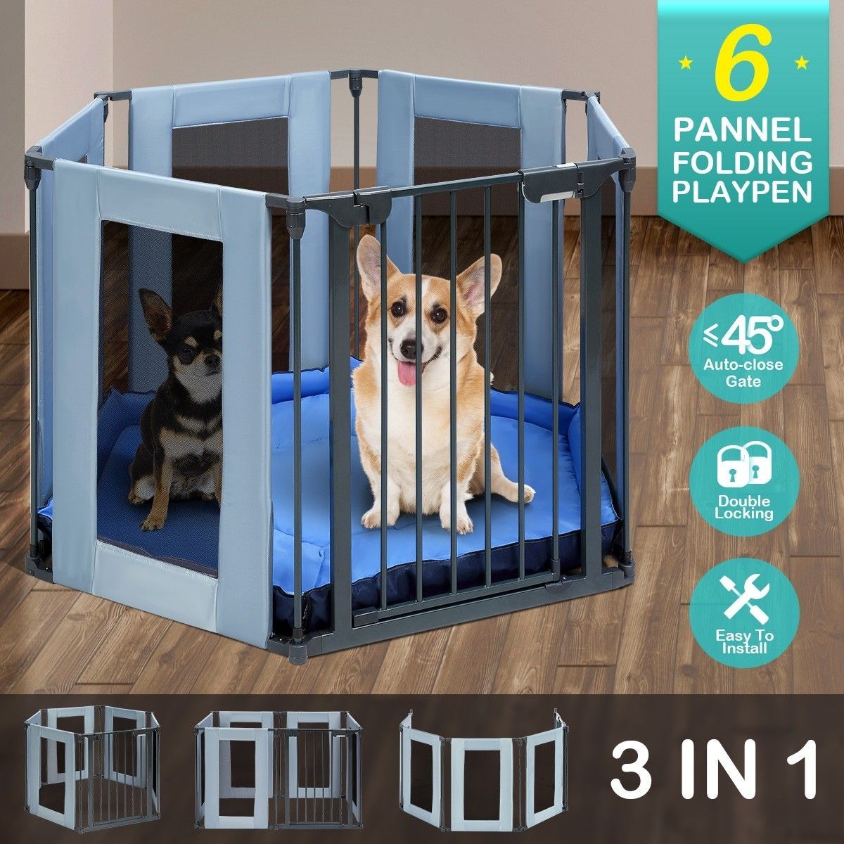3-in-1 Metal Safety Playpen with Double Locking System & Mat - Dark Grey