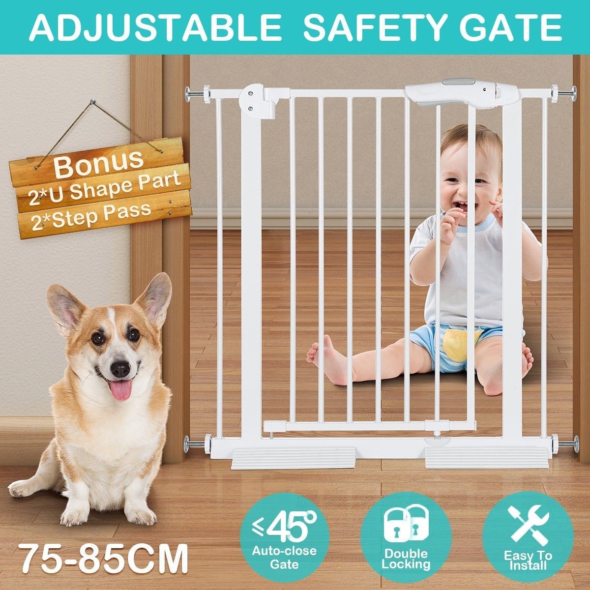 Child Pet Safety Gates Adjustable Baby Gate with 77CM Height 75~85CM Width - White
