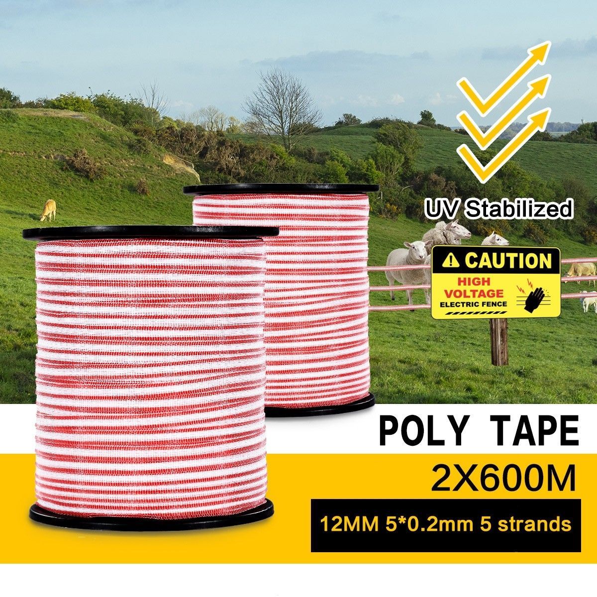 2 x 600M Roll Polytape Electric Stainless Steel UV Stabilized Fence Poly Tape Wire for Livestock