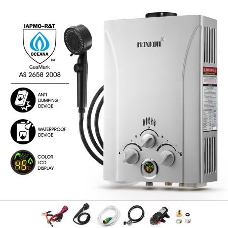 MAXKON 8 in 1 550L/Hr Portable Outdoor Gas LPG Instant Shower Water Heater - Silver