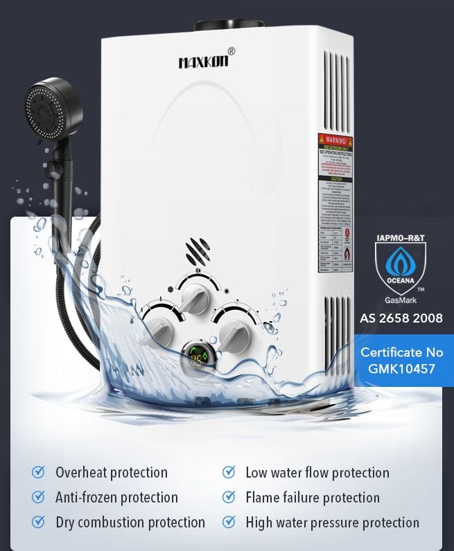 MAXKON 8 in 1 550L Hr Portable Outdoor Gas LPG Instant Shower Water Heater - Silver