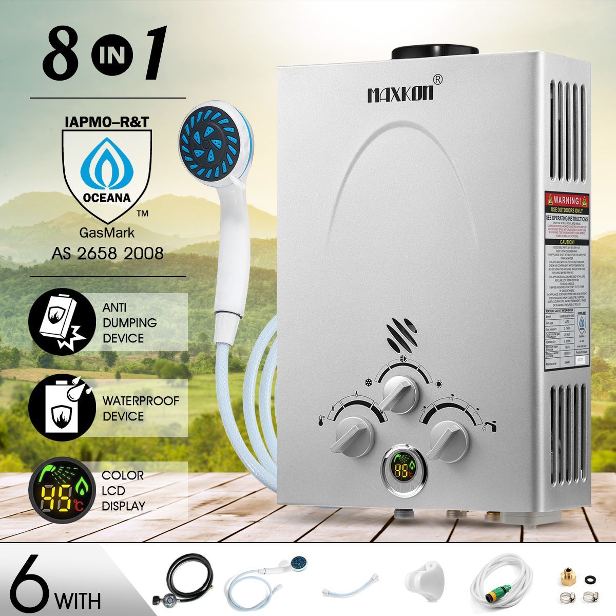 MAXKON 8 in 1 520L/Hr Portable Outdoor Gas Instant Shower Water Heater - Silver