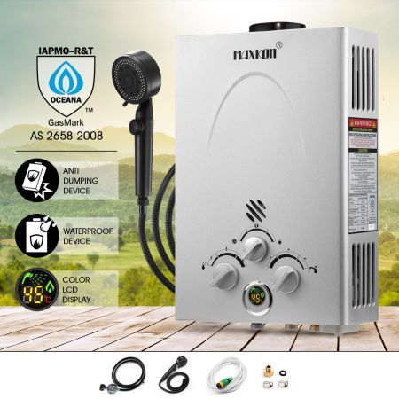 MAXKON 6 in 1 520L/Hr Portable Outdoor Gas Instant Shower Water Heater - Silver