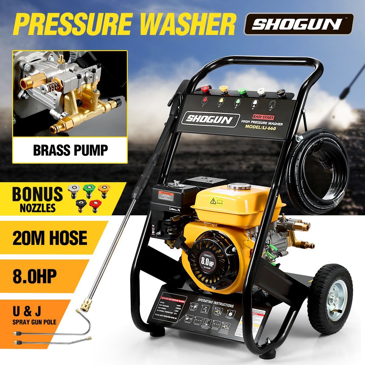 8HP Petrol Pressure Washer High Pressure Cleaner Brass Pump with 20M Hose