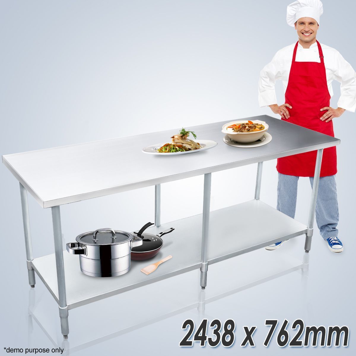 Kitchen Prep Table Cater Work Bench Table Stainless Steel W/Adjustable Feet 2438mmx762mm