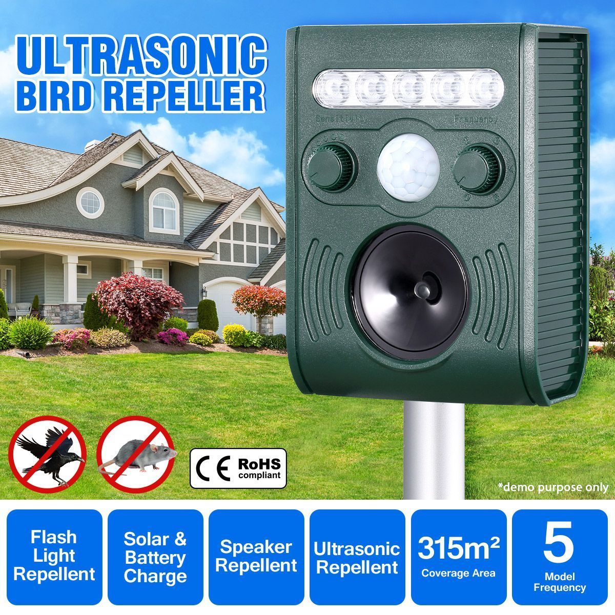Ultrasonic Bird & Animal Repeller with Loudspeaker Alarm Solar Powered Pest Repeller