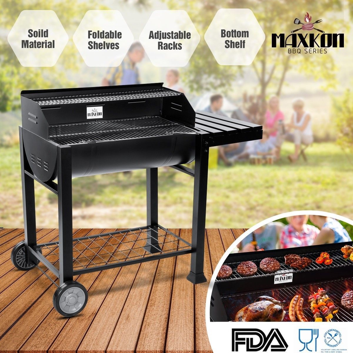 Maxkon BBQ Charcoal Grill Outdoor Portable Barbecue w/ Foldable Side Shelf