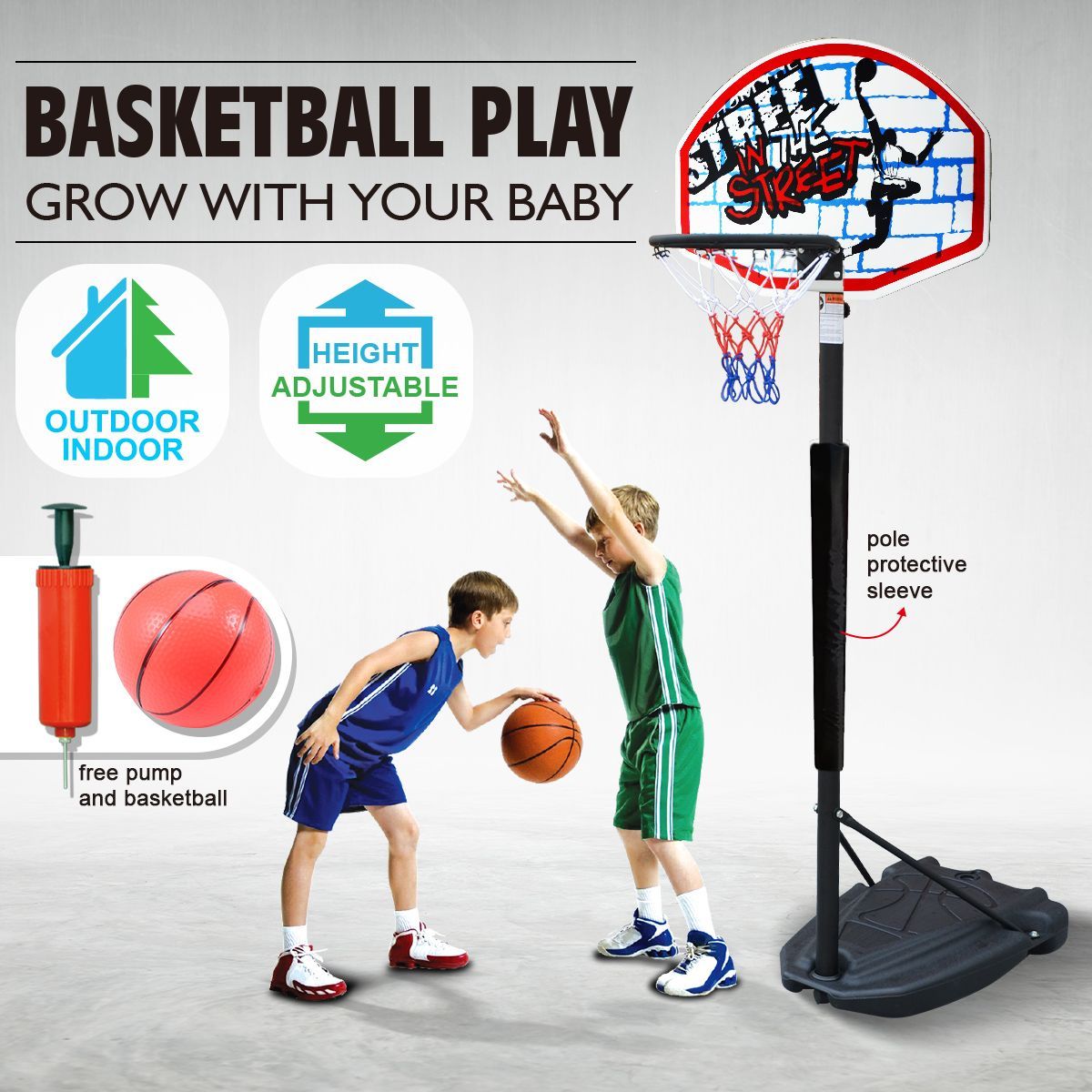 Adjustable 1.4m-1.9m Portable Kids Basketball Hoop System Stand w/Cover