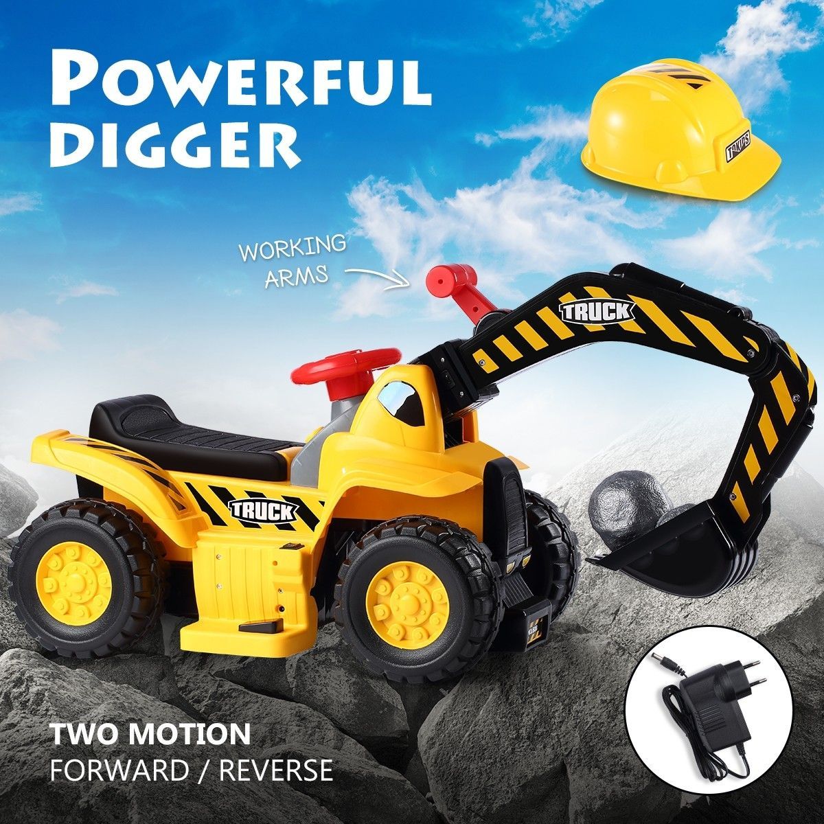 Kids Off Road Ride on Digger Electric Excavator Bulldozer Loader w/Safety Helmet