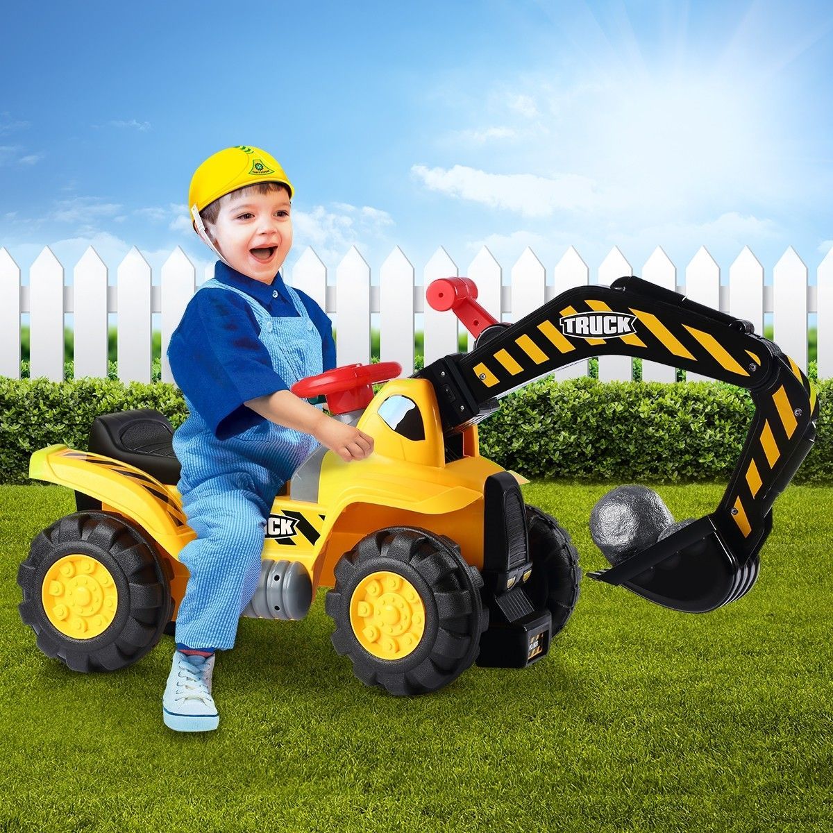 Kids Off Road Excavator Ride on Digger Bulldozer Loader w/Toy Stones & Safety Helmet